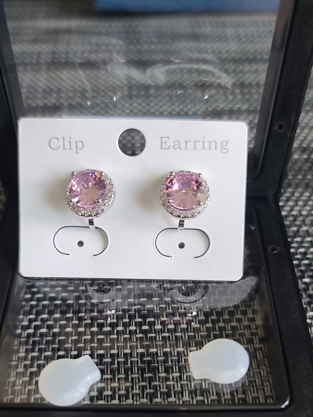 Clip-On Earrings with Pink Crystal and Silver Halo